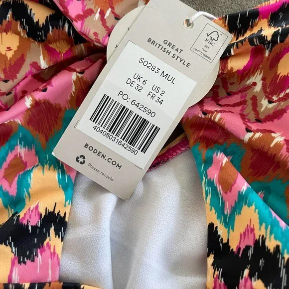 NWT Boden Cap Sleeve Tie Swimsuit Size 2 Multi Ikat - Picture 2 of 3
